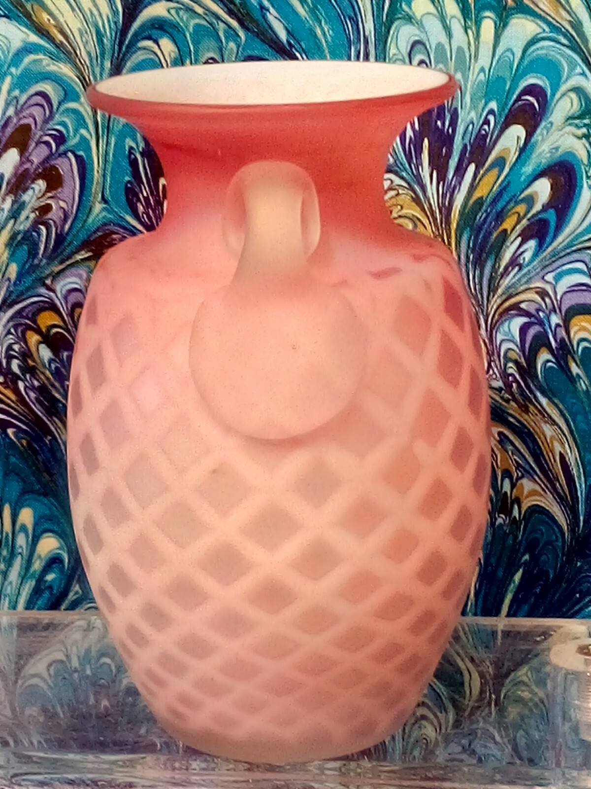 Pink Satin Glass Diamond Quilted Vase Blown Glass Handles SIGNED Antique 5
