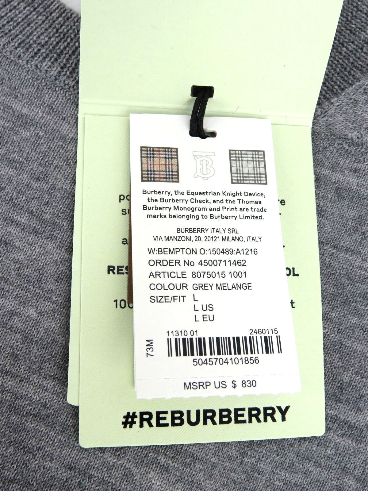 Pre-owned Burberry $830  Bempton Gray Merino Wool Elbow Check Patches Pullover Sweater L