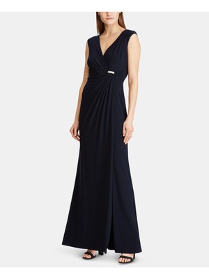 

Женское темно-синее вечернее платье макси без рукавов RALPH LAUREN с V-образным вырезом, Navy