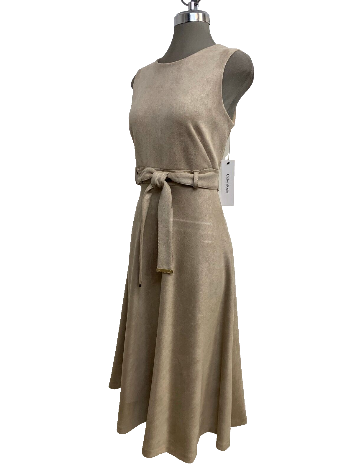Size 14 New Calvin Klein Elegant Womens Fit&Flare  Dress Beige LATTE Faux Suede