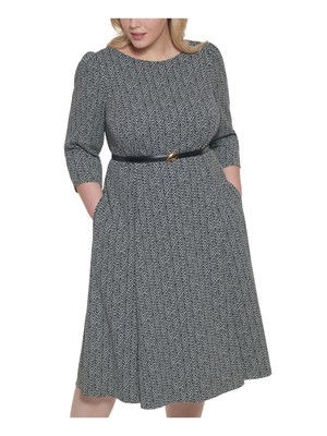 

Женское черное платье миди CALVIN KLEIN с рукавами-пуфами для работы на работу трапециевидной формы плюс, Черный