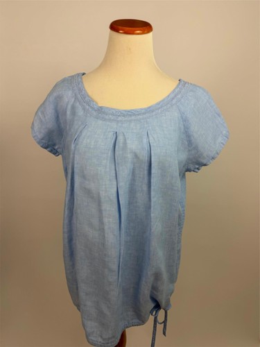 LANDS END blue linen short sleeve drawstring tie hem shirt top M 10/12