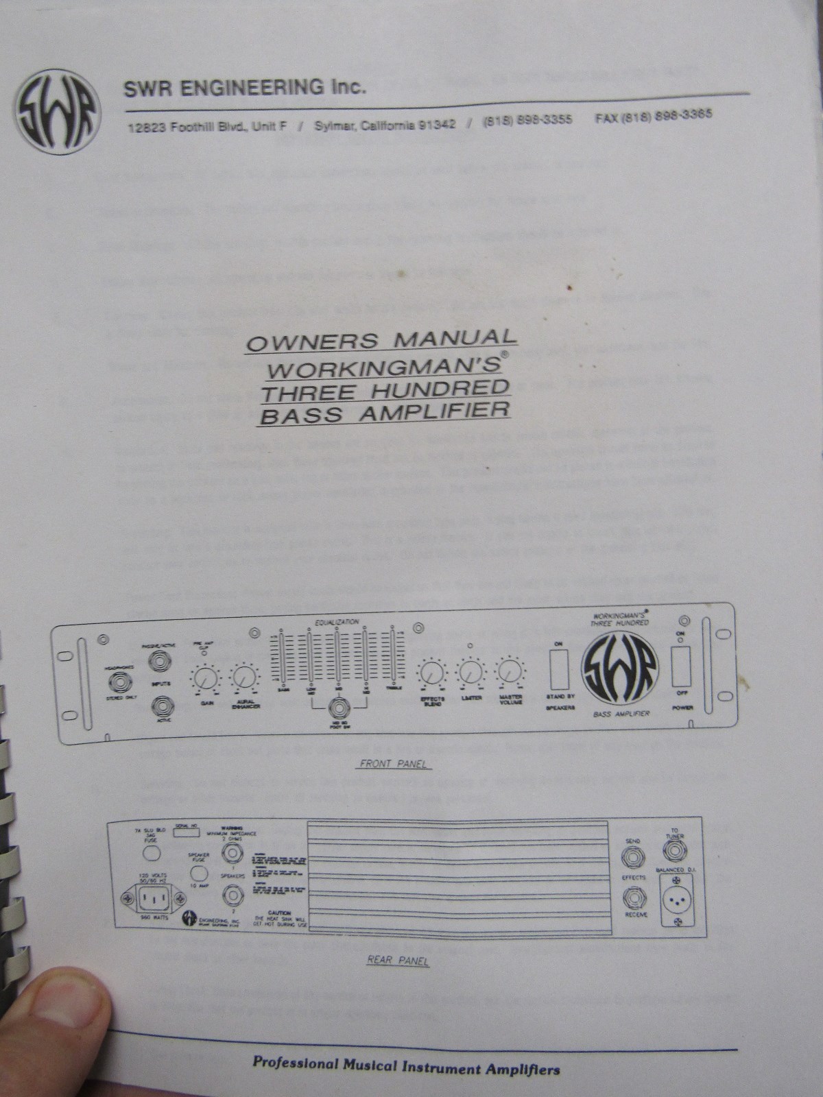 SWR Workingman's 300 Bass Guitar Amplifier Amp Owner's Manual