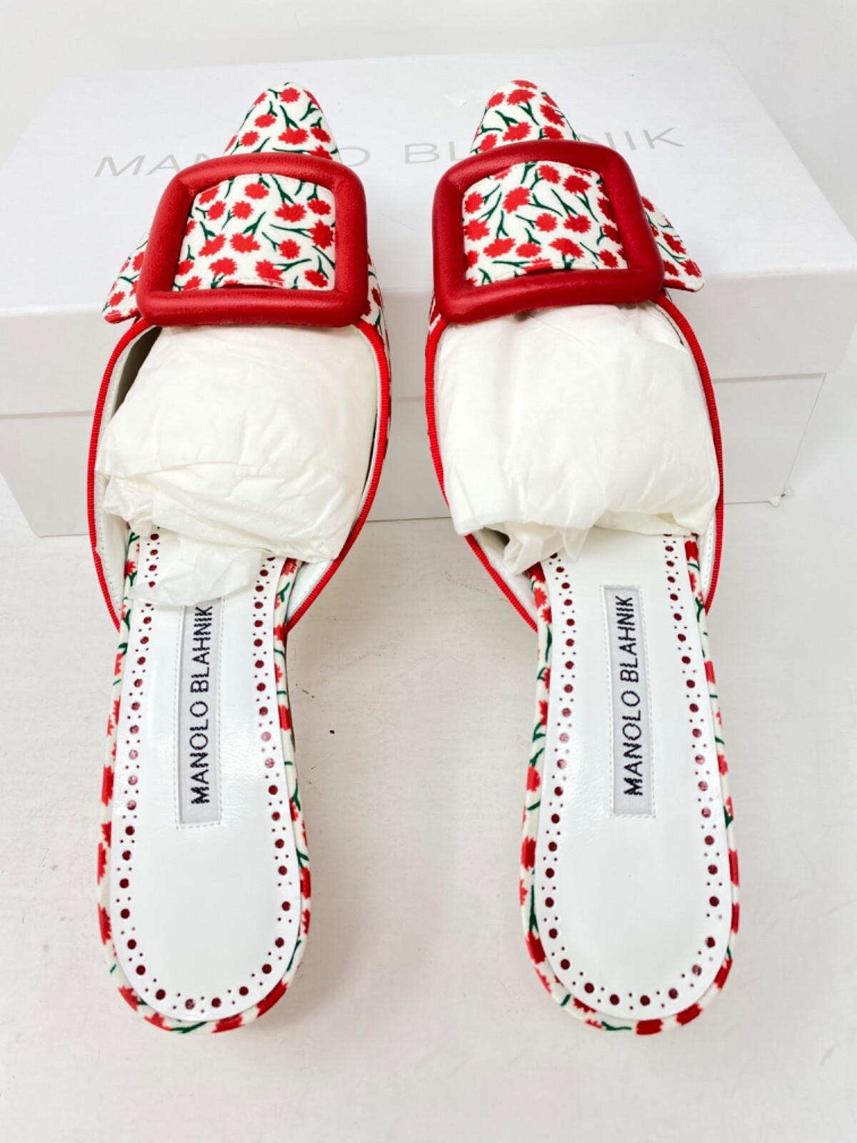 Pre-owned Manolo Blahnik Maysalebi Buckle Red Floral 50mm Pointy Toe Mule, Us 6, 36 Eu