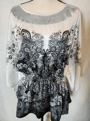 Cato Women s Size XL White And Black Floral Blouse Sequins Neckline