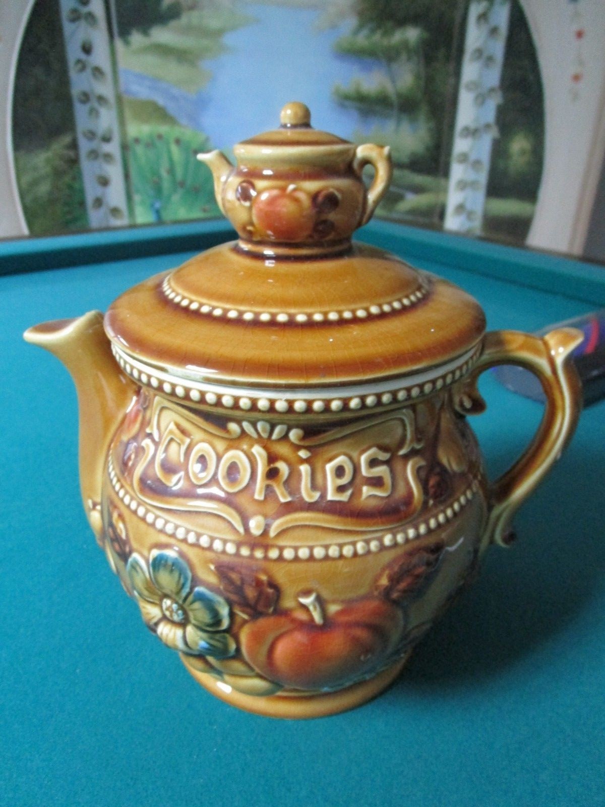 CERAMIC VINTAGE YELLOW COOKIE JAR TEA POT SHAPE 10 1/2" [POTT3] theantiquerschest