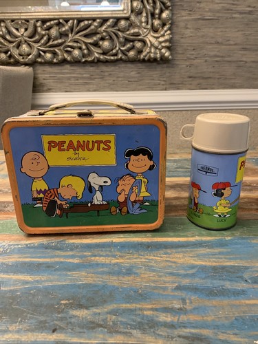 Vintage 1959 PEANUTS Charlie Brown Snoopy Metal Lunch Box Lunch Kit with Thermos