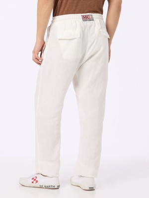 Pre-owned Mc2 Saint Barth Man White Linen Calais Pants With Drawstring