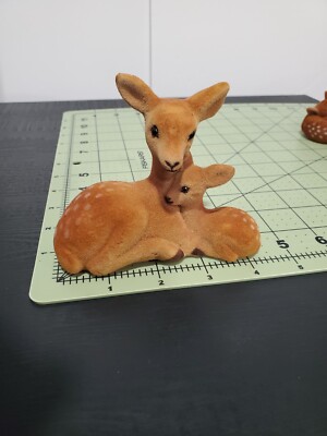 Vintage Flocked Spotted Deer Doe Fawn Figure Brown Felt Momma Baby Decor