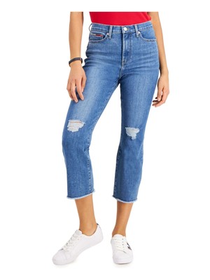 

TOMMY JEANS Женские синие джинсовые укороченные джинсы с высокой талией и рваными краями, юниоры, Синий, T0GK2FDA