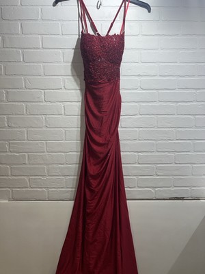 NEW! ZAPAKASA Mermaid Dark Red Satin Spaghetti Straps Prom Dress US 4 $159