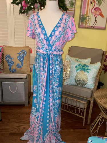 Pre-owned Lilly Pulitzer Esmarella Maxi Turquoise ? Water Ya Waiting For S,m,l,xl In Multicolor