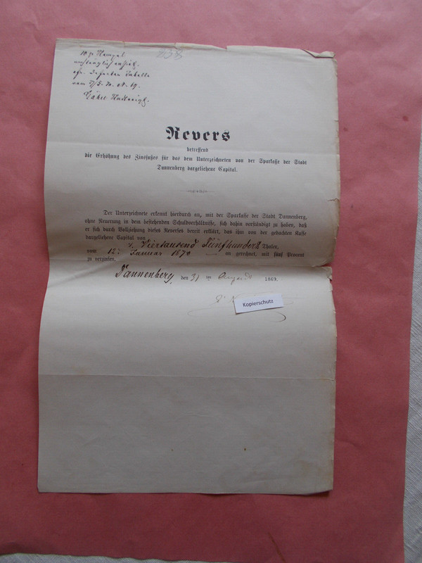 Revers - ErhÃ¶Hung Zins - Sparkasse Der Stadt Dannenberg - 1869 - Verpflichtung -