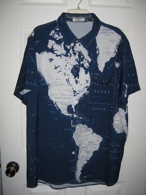 Men's Hawalili Dark Blue/White World Map Short Sleeve Button Up XL