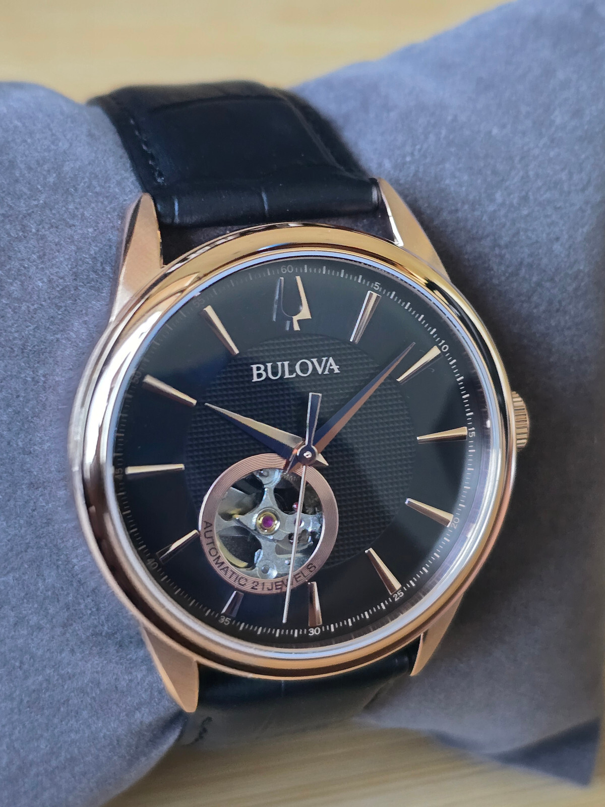 Pre-owned Bulova Automatic Men's Watch Rose Gold Tone Leather Band 97a140