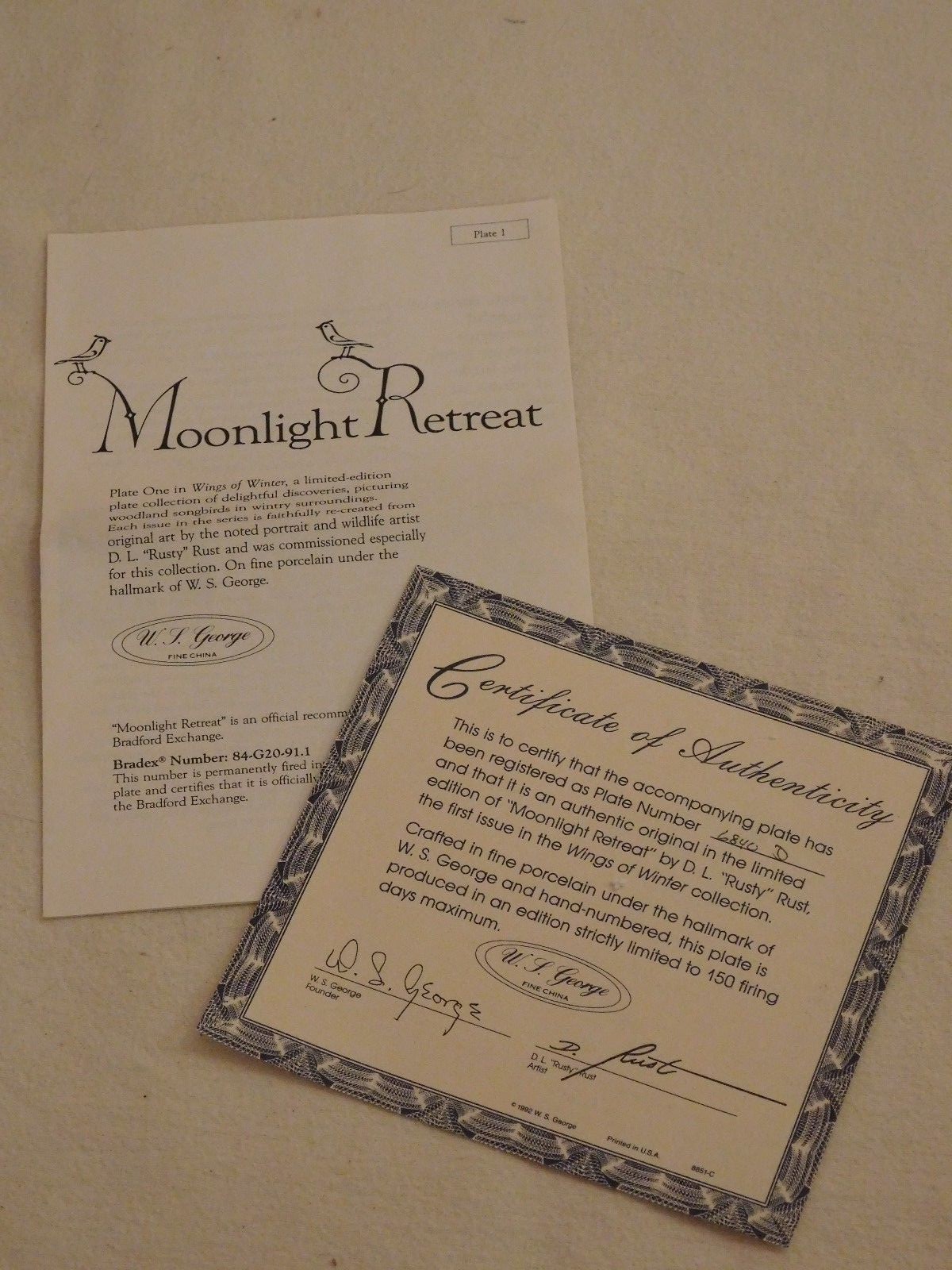 Moonlight Retreat, D. L. 'Rusty' Rust, Fine China Decorative Plate, 1992 COA