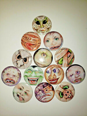 13 Mad Bad Ball Monster Goulie Ugly Face Pinback Buttons Old Vending NOS SKU 99