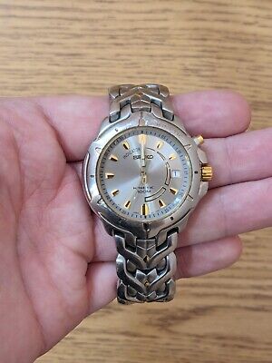 SEIKO KINETIC Indicator Y2K Style Date Watch 5M62-0D10 Sports 100 Silver Gold