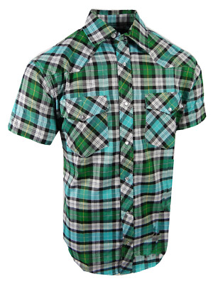 Mens Western Plaid Shirt Short Sleeve Snap Up Flap Pockets NEW Casual Colors a