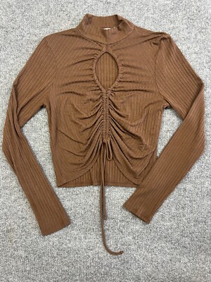 Red by BKE Top Women's M Brown Long Sleeve Drawstring Ruched Keyhole Mock Neck