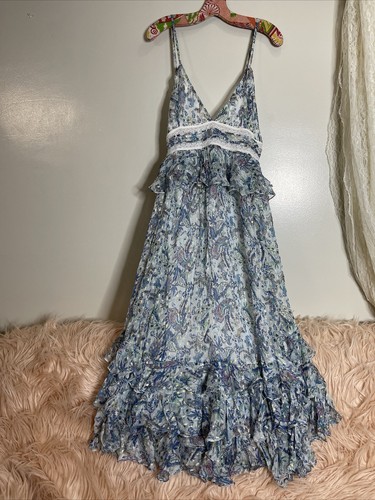 Pre-owned Free People Rococo Sand Emi Braw Strappy Long Metallic Peplum Dress L $532 In Blue