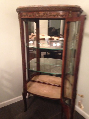 Antique Curved Glass Curio Caninet With Marble Top