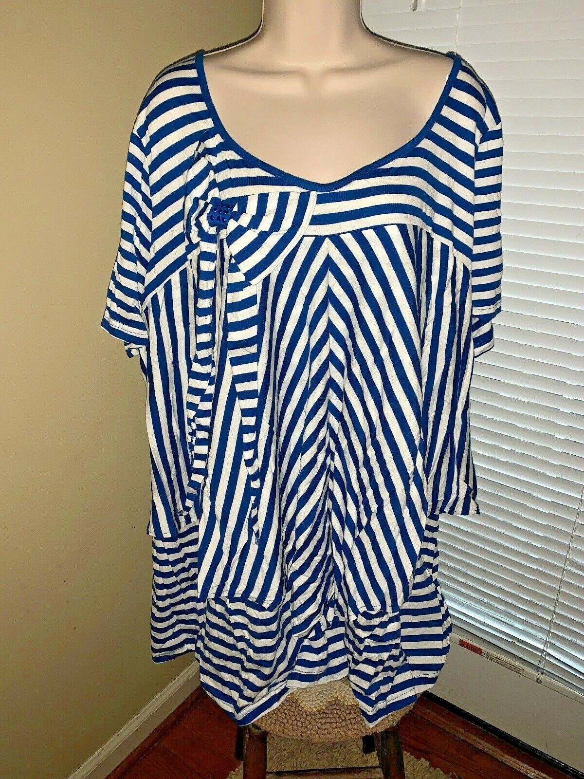 Roamans Sz 2X Sailor Stripe Blouse Top Layered Ruffle