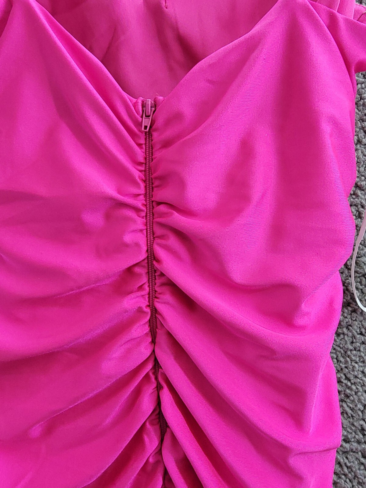 B. Darlin Satin Ruched Evening Dress Juniors 13/14 Neon Pink Cowl Neck Back Zip - Picture 13 of 15