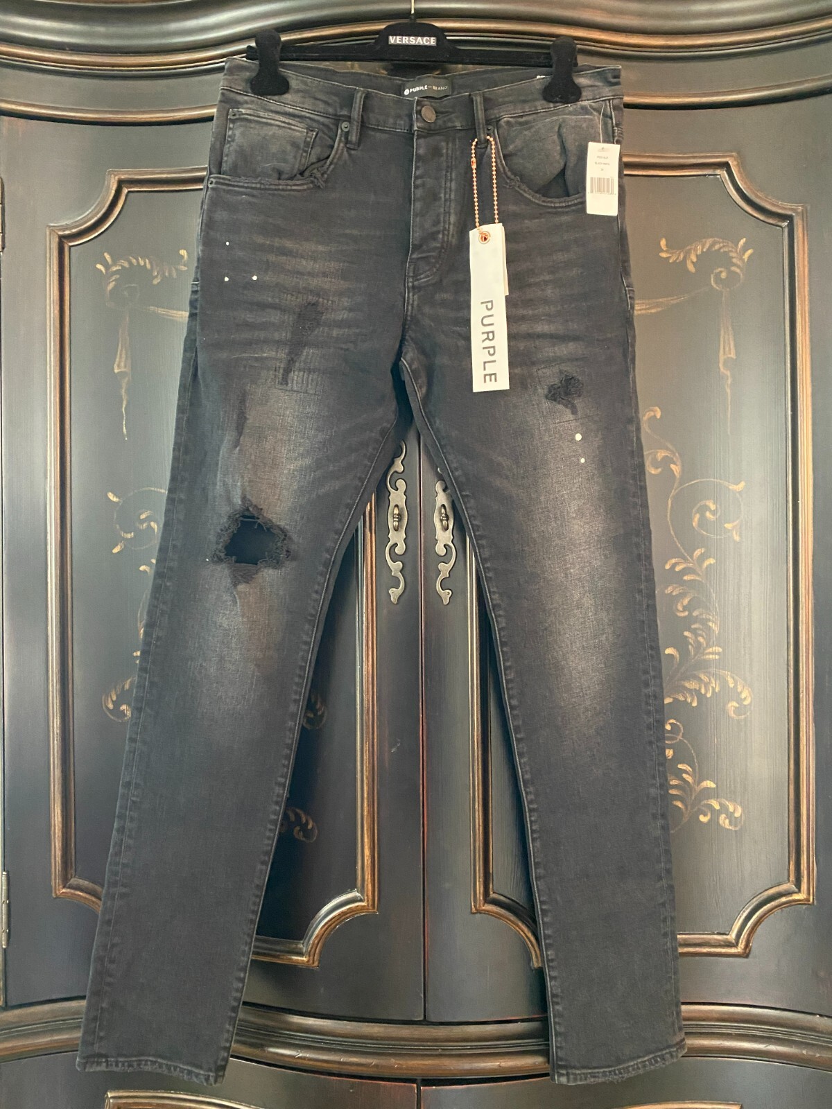 $188 PURPLE P002 Black Repair Slim Jeans | Black Wash Repair