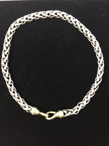 David Yurman 8mm Wheat Chain Sterling Silver 14k Gold Buckle Necklace 16”