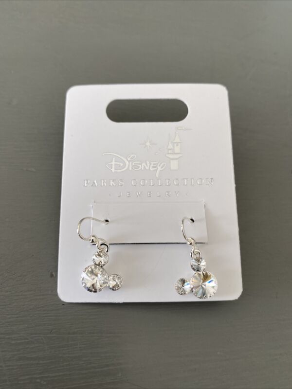 Disney Parks Lg Mickey Icon Swarovski Silver Tone Dangle Earrings  New