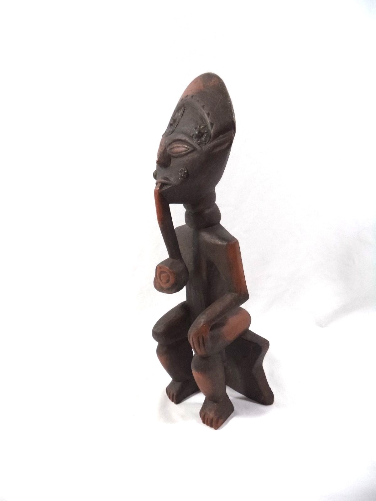 African Ashanti Tribal Seated Male Smoking Statue Ghana Africa