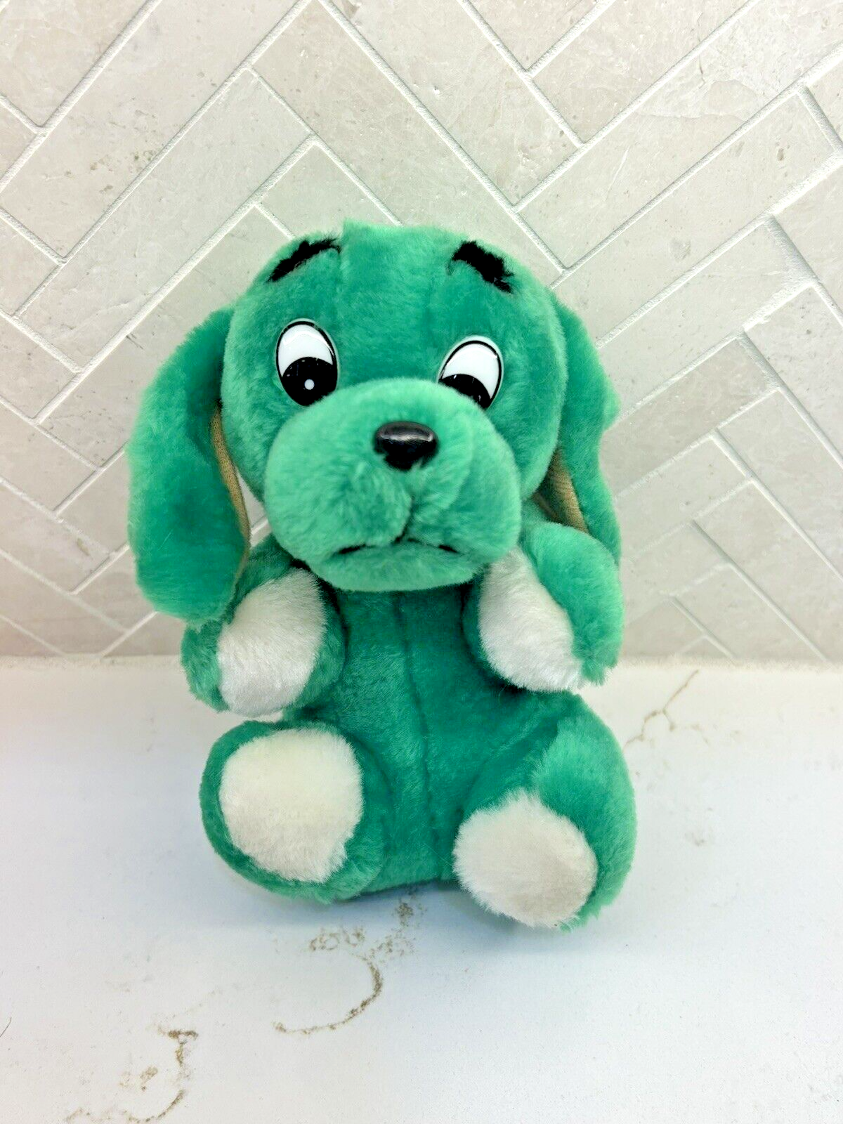 Vintage Neon Teal Green Carnival Prize Plush Mini Dog 7” Stuffed