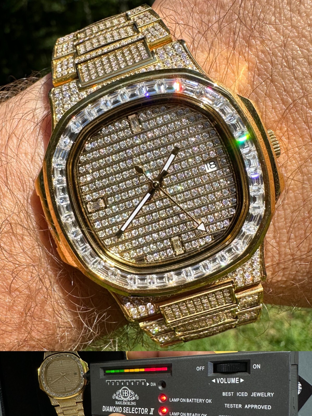 Pre-owned Real Mens Baguette 14k Gold  Moissanite Watch Iced Automatic Movement Hiphop