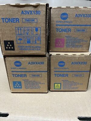 NEW! Lot of 4, Konica Minolta TN619 K/Y/M/C A3VX130|A3VX230|A3VX330|A3VX340