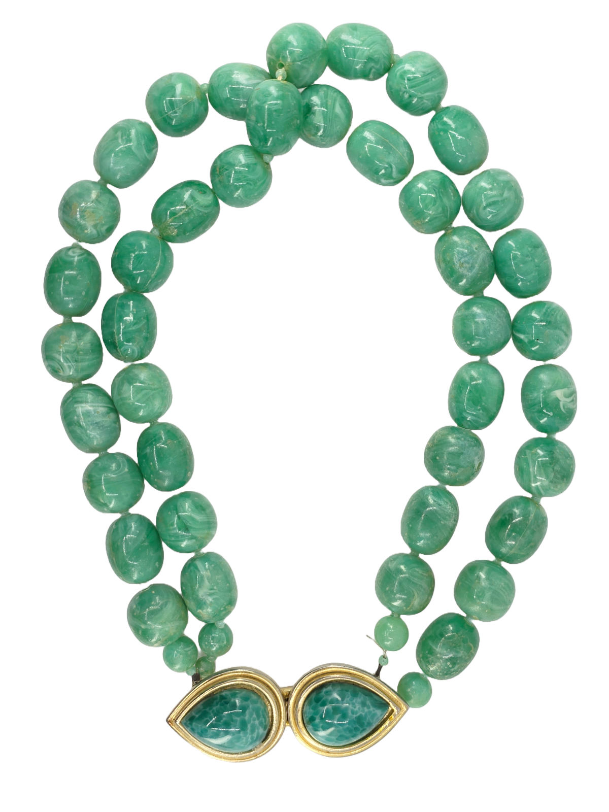 VINTAGE MIMI di N GOLD TONE CLASP 2 STRAND GREEN BEAD NECKLACE ~ 17 inch