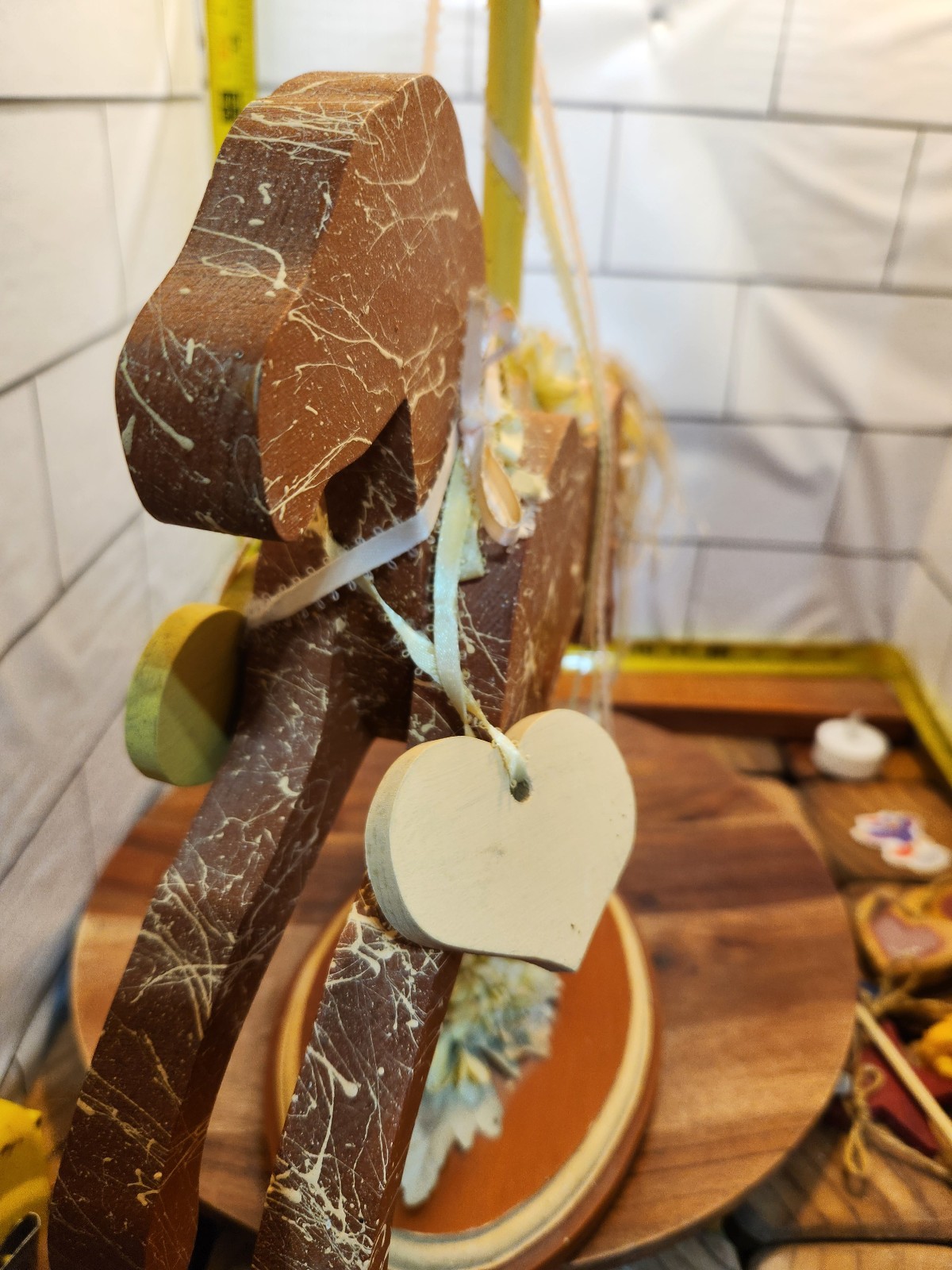 Wooden Carousel Horse Figure Hand Made and Painted Has Wood Hearts Neclaces