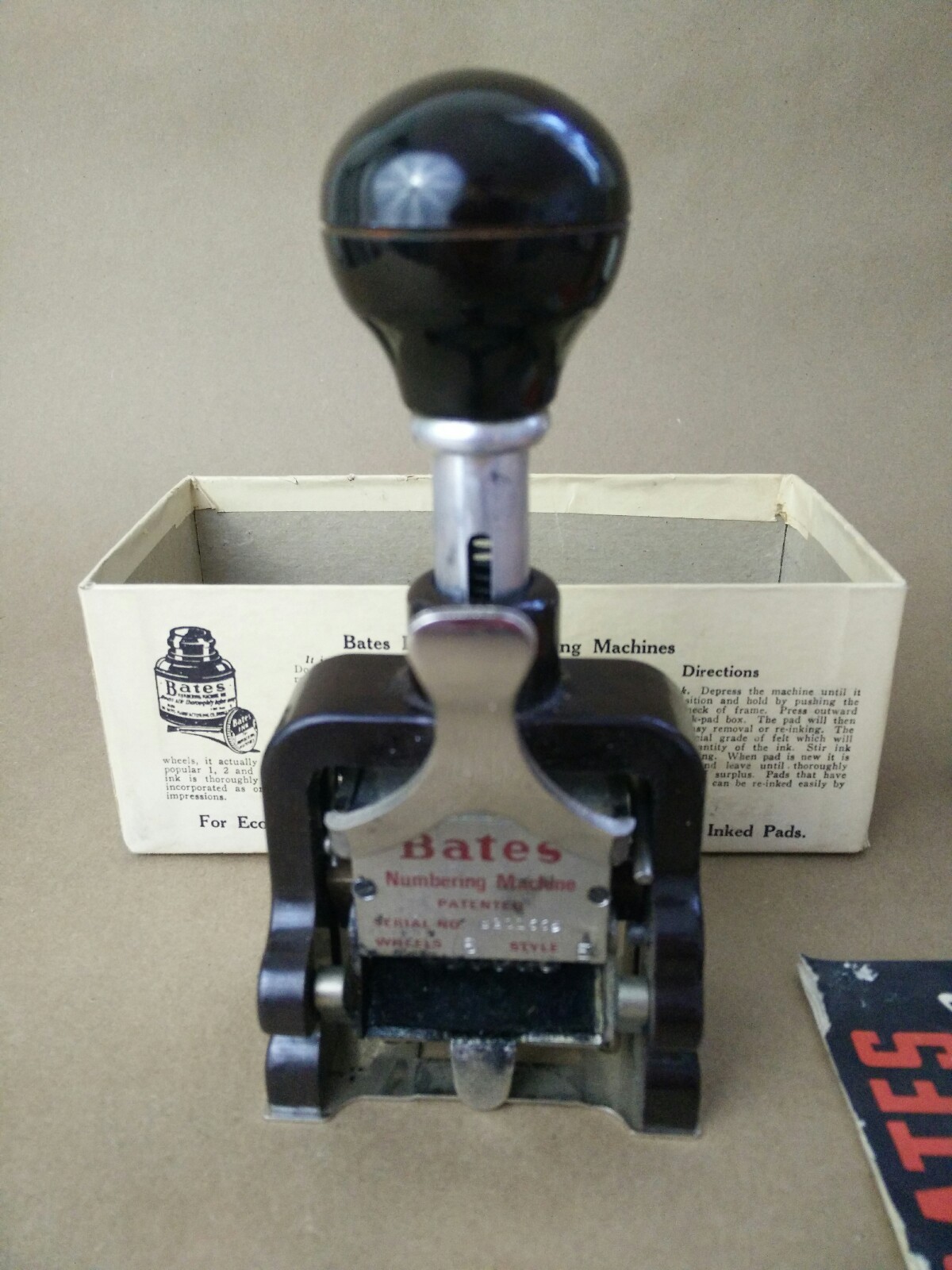 Antique Bates Numbering Machine lever movement 6 wheel Style E Stamp