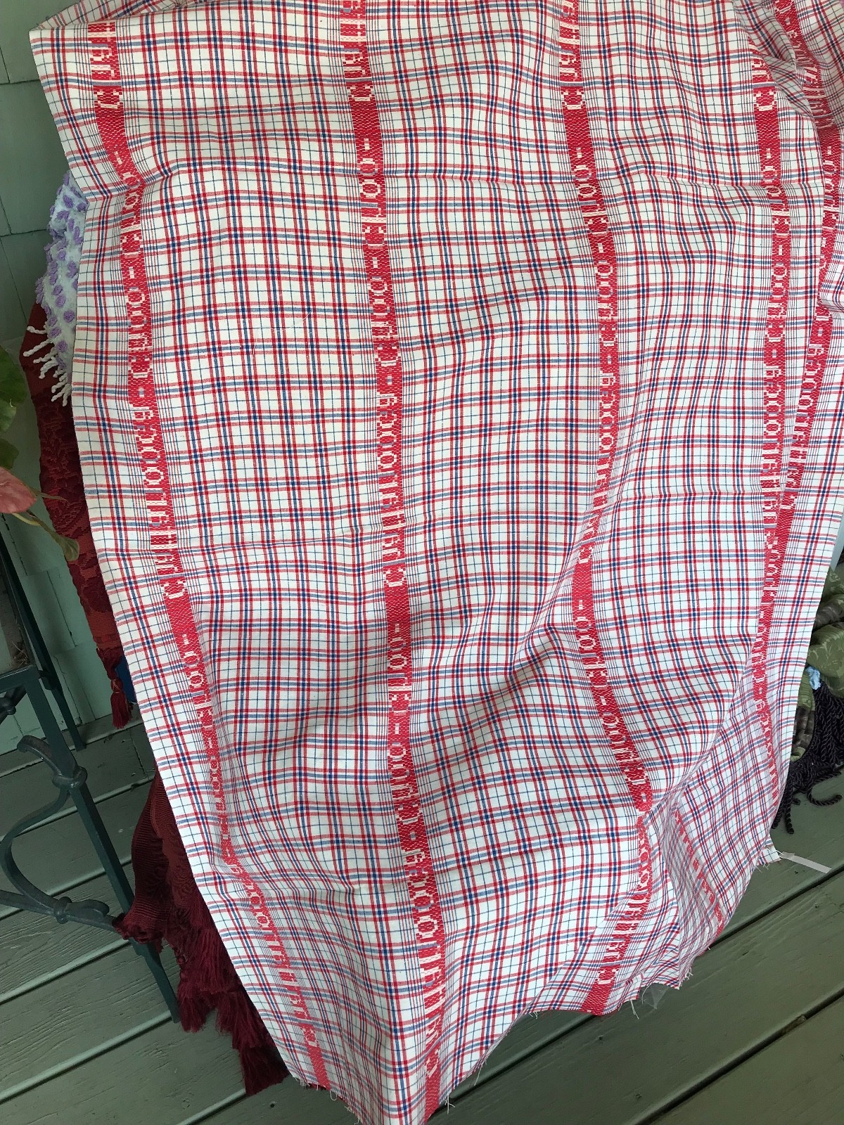 4yds vint textile cotton woven plaid FABRIC CHATTANOGA CHOO CHOO WOVEN IN 45X142