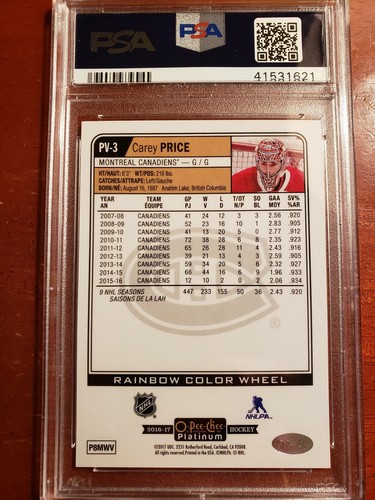 Carey Price 2016-17 Platinum Rainbow Color Wheel Photo Variation PSA 10