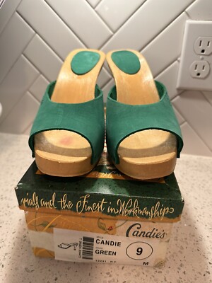 Vintage 1980s Candies Original Sandals Green Sexy High Heels Slides 9 / 40 Italy