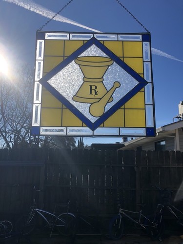 Vintage RX Rexall Drugs Glass Hanging Window Sign Mortar & Pestle Pharmacy