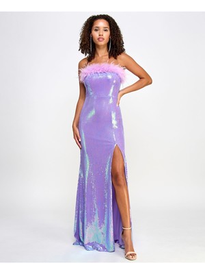 EMERALD SUNDAE Womens Purple Lined Feather Trim Thigh-high Slit Dress Juniors S