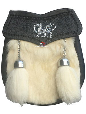 Scottish Boys White Fur Leather Sporran Kilt Welsh Dragon 2 Tassels Belt Chain