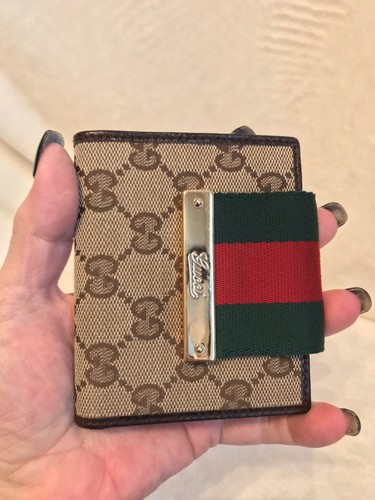 VERY RARE VINTAGE GUCCI Brown Leather GG Canvas RED GREEN WEB WALLET, EXCELLENT!