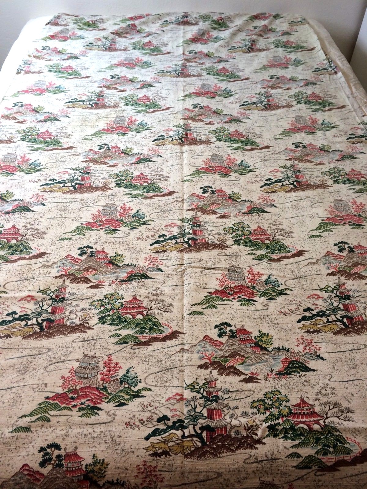 Vtg 50s Barkcloth Fabric 4 Panels Asian Pagoda Print 42 X 80 Mid Century 8 yards