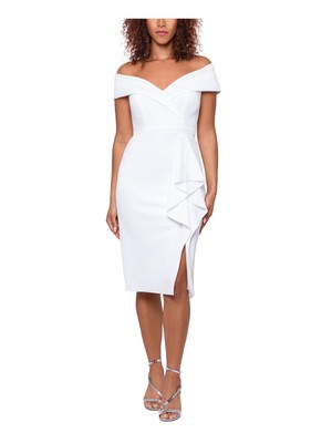 XSCAPE Женское белое платье-футляр миди с рюшами и рюшами с аквалангом и водопадом с короткими рукавами 6