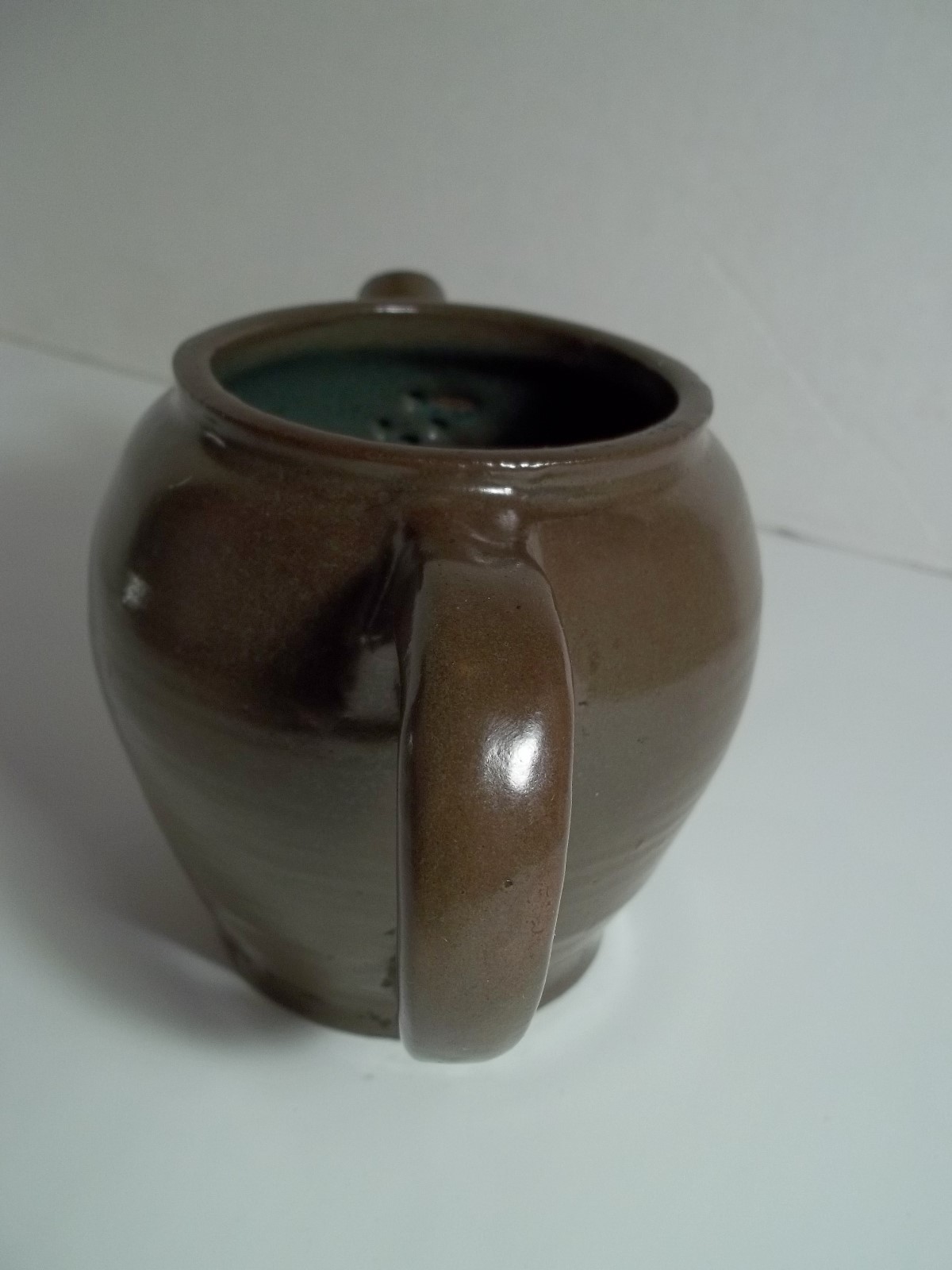 Vtg JH Small Stoneware Teapot Brown & Green Outside Aqua Blue & Copper Inside