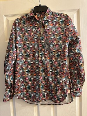 NWT Luchiano Visconti Black Colorful Skulls MultiColored Button Down Shirt Small