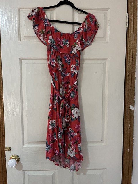 Red, Floral, Spilled Shoulder Dress 